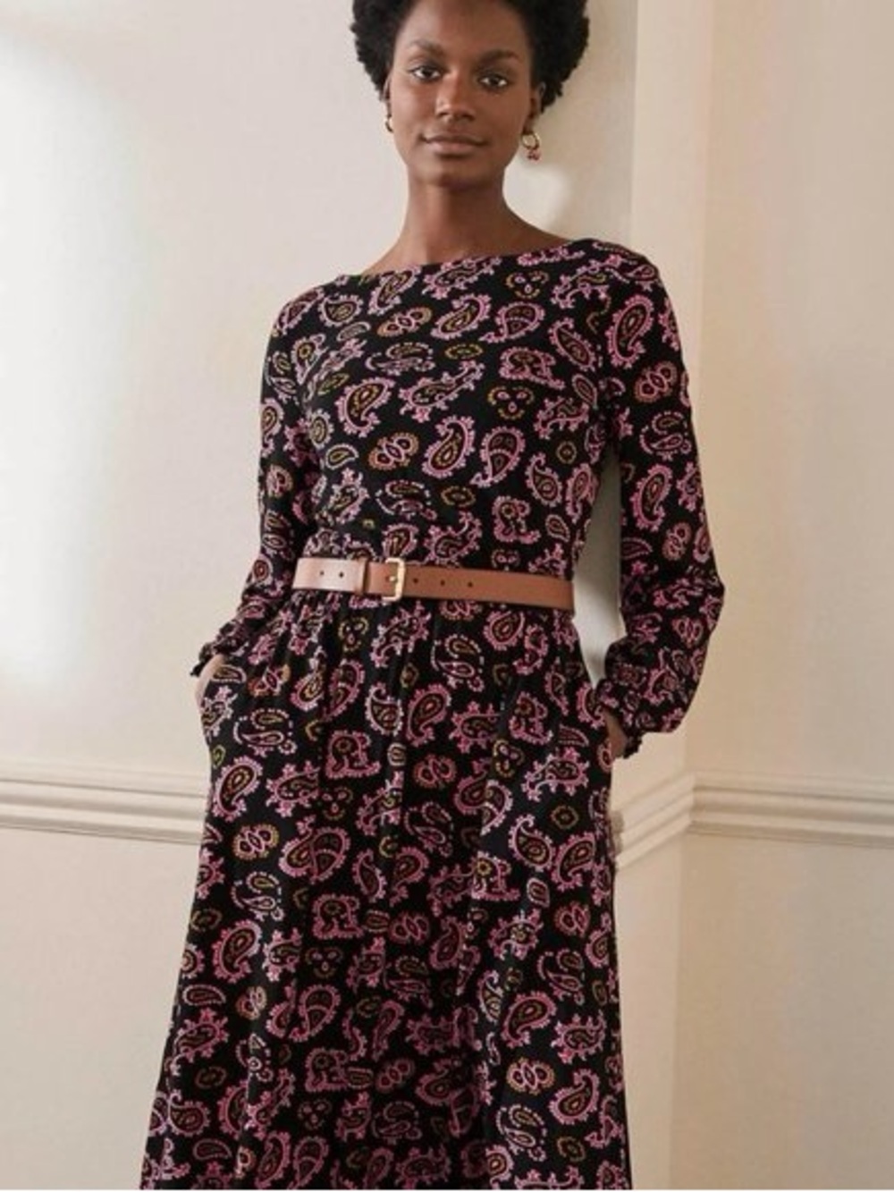Boden Evelyn Paisley Print Jersey Long Sleeve Midi Dress Womens XL (16-18)